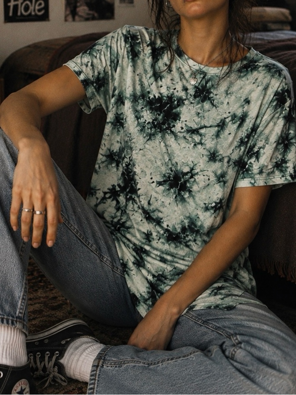 Zara Black & Green tie Dye Long Batik T-Shirt | Size L
